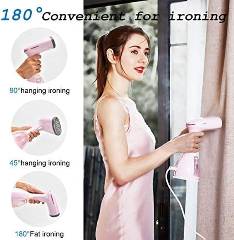 Steamer for Clothes Steamer Powerful Handheld Portable Travel Garment Steamer Fabric Wrinkle Remover 20S Fast Heat-Up 280Ml Large Detachable Water Tank Pink