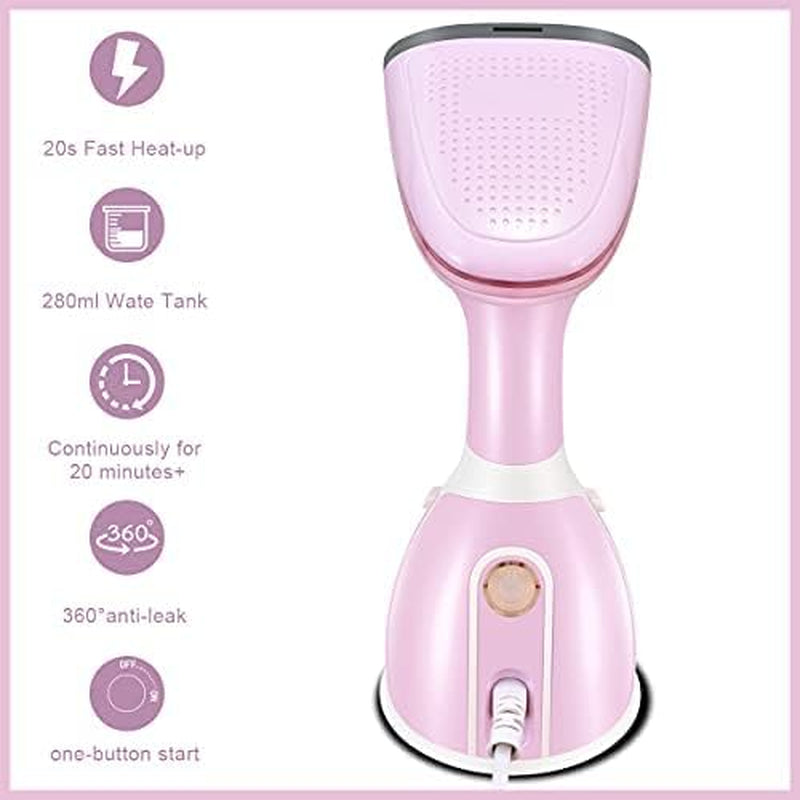 Steamer for Clothes Steamer Powerful Handheld Portable Travel Garment Steamer Fabric Wrinkle Remover 20S Fast Heat-Up 280Ml Large Detachable Water Tank Pink